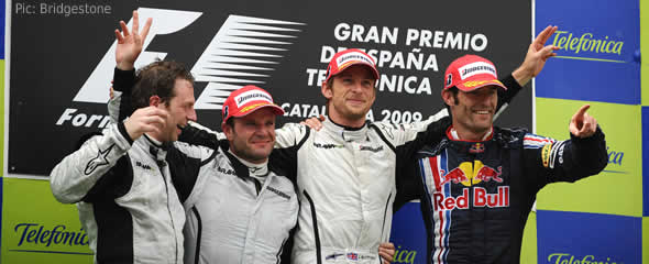 Button, Barrichello and Mark Webber on the podium in Barcelona