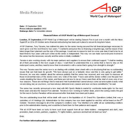 The A1GP press release - minus the Ferrari logo