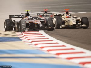 Will Bratt (black car) and Max Chilton (white car) battle it out in Bahrain