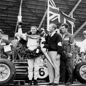Jim Clark and Colin Chapman after winning the 1963 British Grand Prix