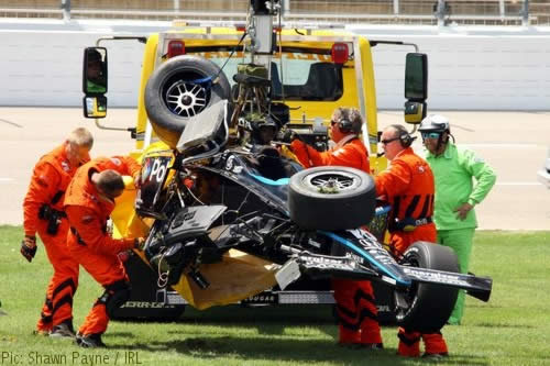 The wreck of Dan Wheldon's car. Pic: Shawn Payne / IRL