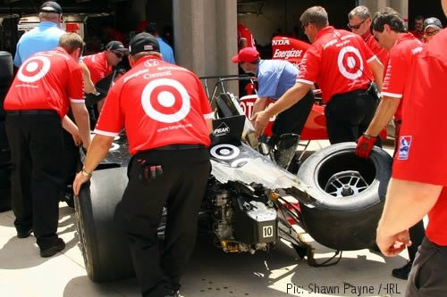 Wheldon's car is returned to the Ganassi garage