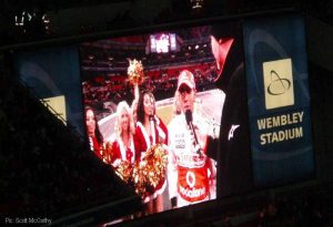 Lewis Hamilton on the Wembley big screen