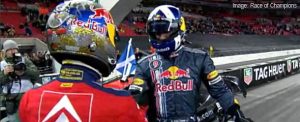 David Coulthard congratulates Sebastien Loeb