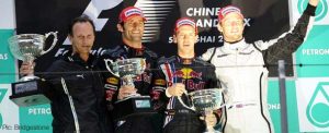 Christian Horner, Mark Webber, Sebastian Vettel and Jenson Button on the podium at Shanghai