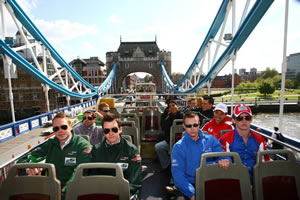 A1GP drivers, including the Irish and British at the front, tour the sights of London