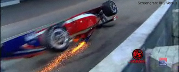 Sparks fly from Pippa Mann's car. Screengrab: IRL / Versus Sparks fly from Pippa Mann's car. Screengrab: IRL / Versus