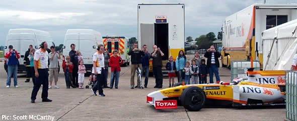 Romain Grosjean noses out onto the Duxford runway