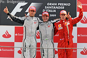 Barrichello, Button and a fortunate Raikkonen on the podium Barrichello, Button and a fortunate Raikkonen on the podium