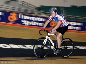 Peter Bonnington tackles the banking at the Manchester Velodrome