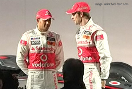 Button and Hamilton at the MP4-25 launch