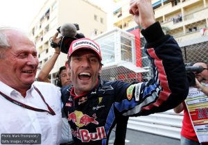 Helmut Marko and Mark Webber celebrate the Red Bull 1-2