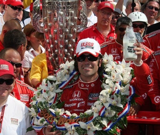 The Borg-Warner trophy towers over Franchitti